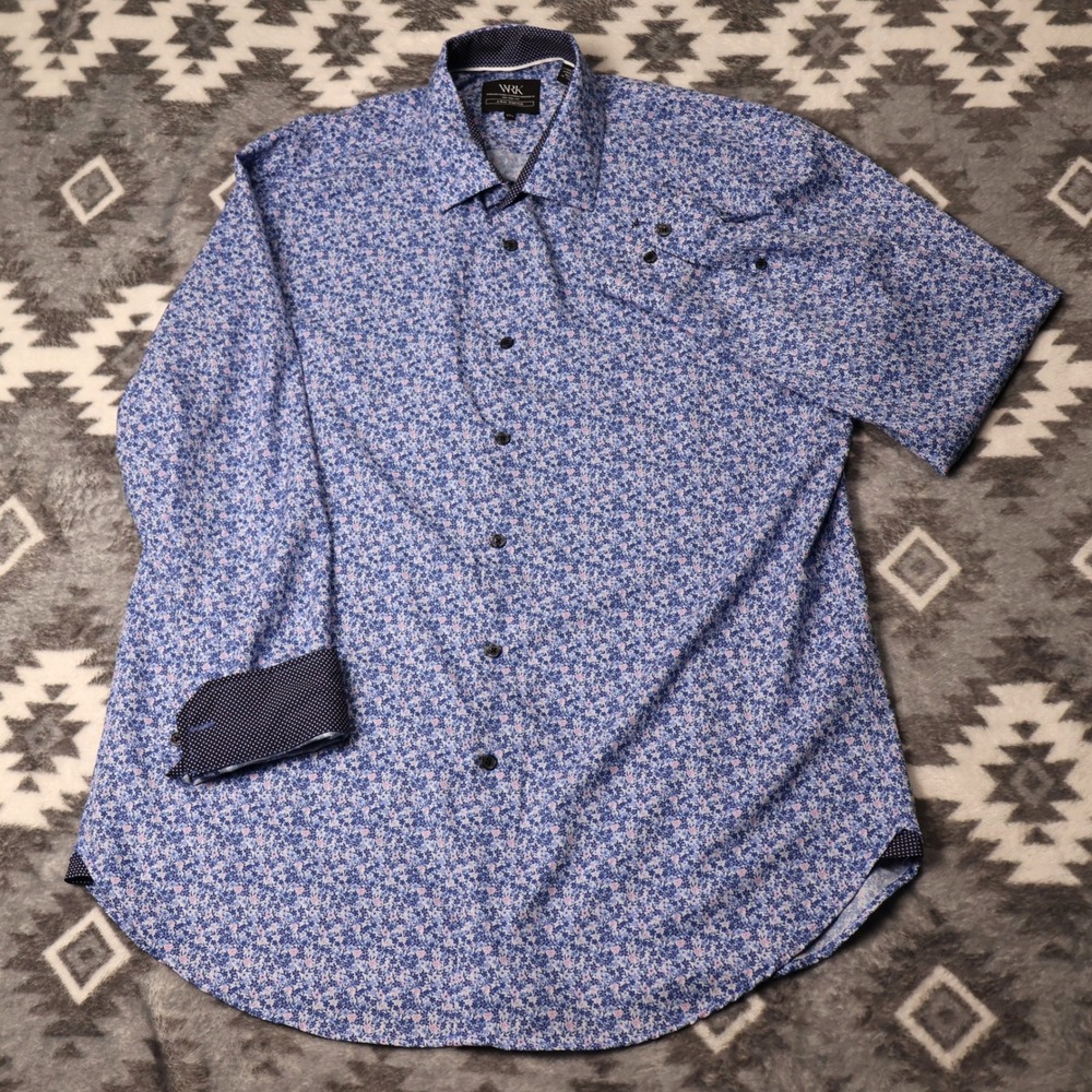 WRK Blue Floral 4-Way Stretch Button Down Shirt Mens 17.5 Long Sleeve